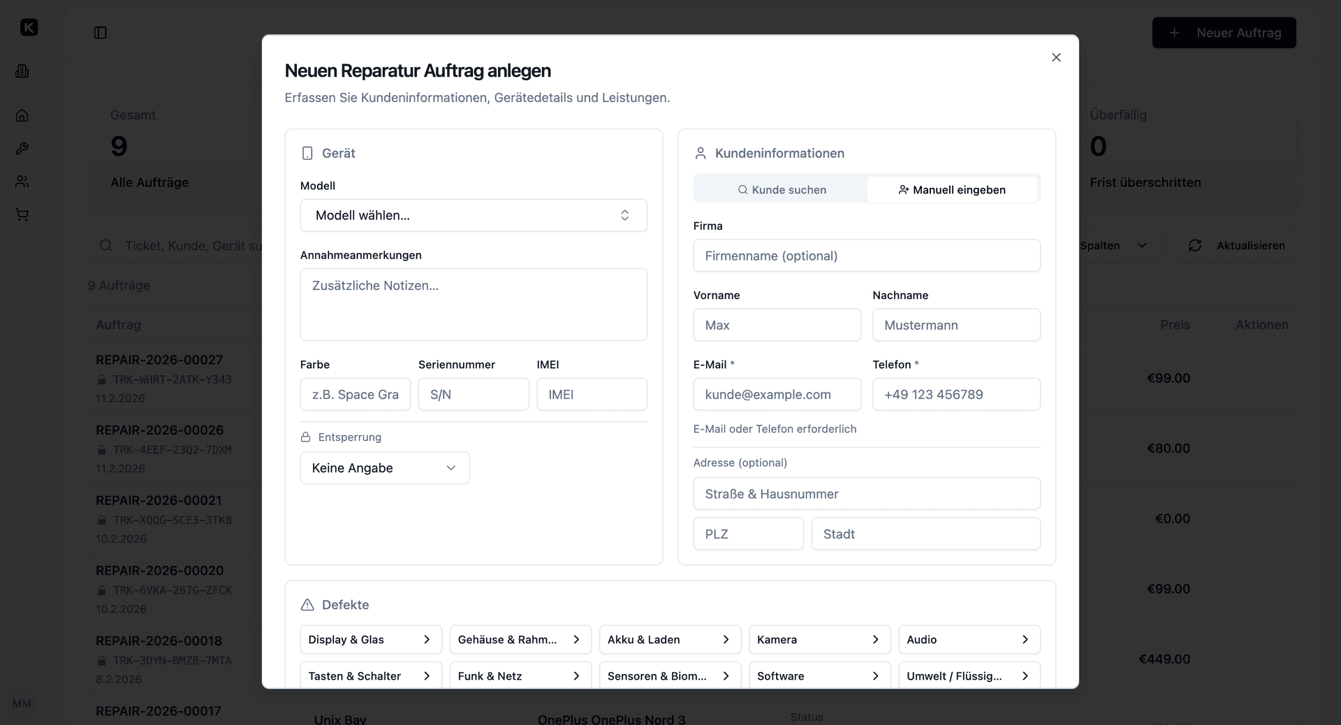 Kotaris Reparaturauftrag anlegen